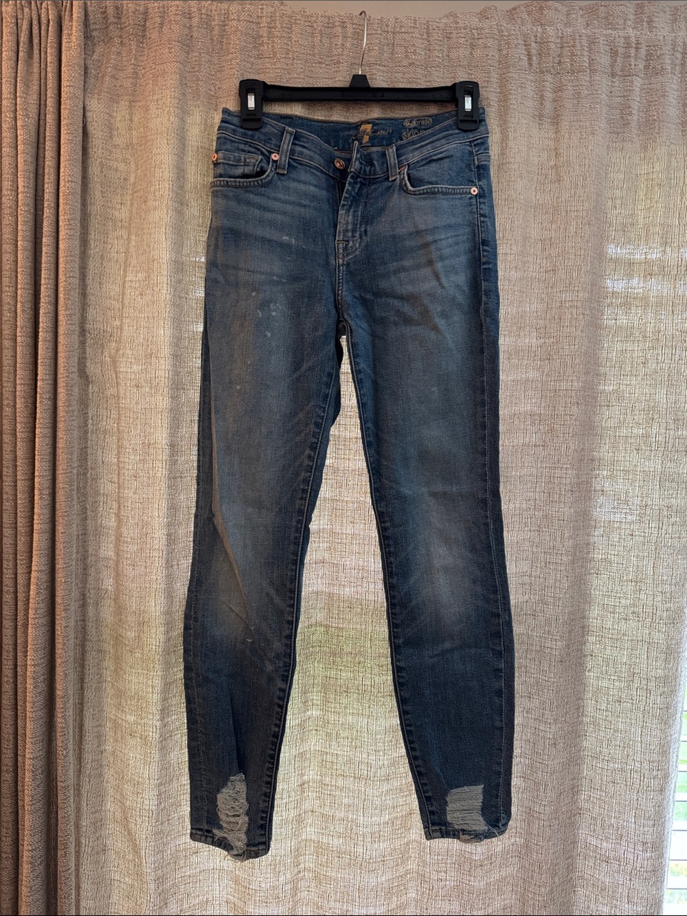 7 For All Mankind Dark Blue Skinny Jeans with Distressed Hem
